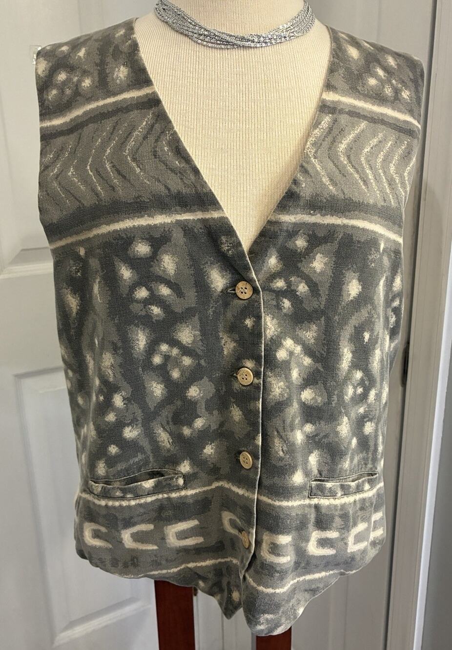 Vintage 80s Banana Republic Safari & Travel Cotton Linen Patterned Vest Large